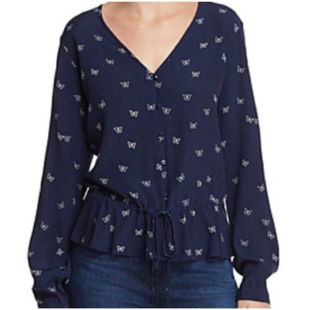 Rails Beaux Navy White Butterfly Ruffle Waist Top